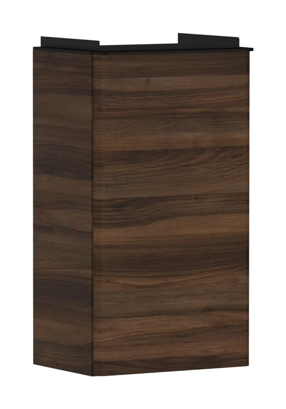 Holzfarbener Unterschrank mit zwei offenen Fächern und einer oberen Ablage. Markierung für den Türanschlag auf der linken Seite. Hansgrohe Logo sichtbar.